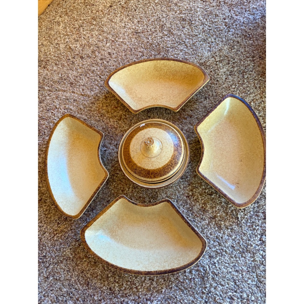 Pottery Craft USA Vtg Stoneware 5 Piece Serving Set Wedge Dish palomino pattern